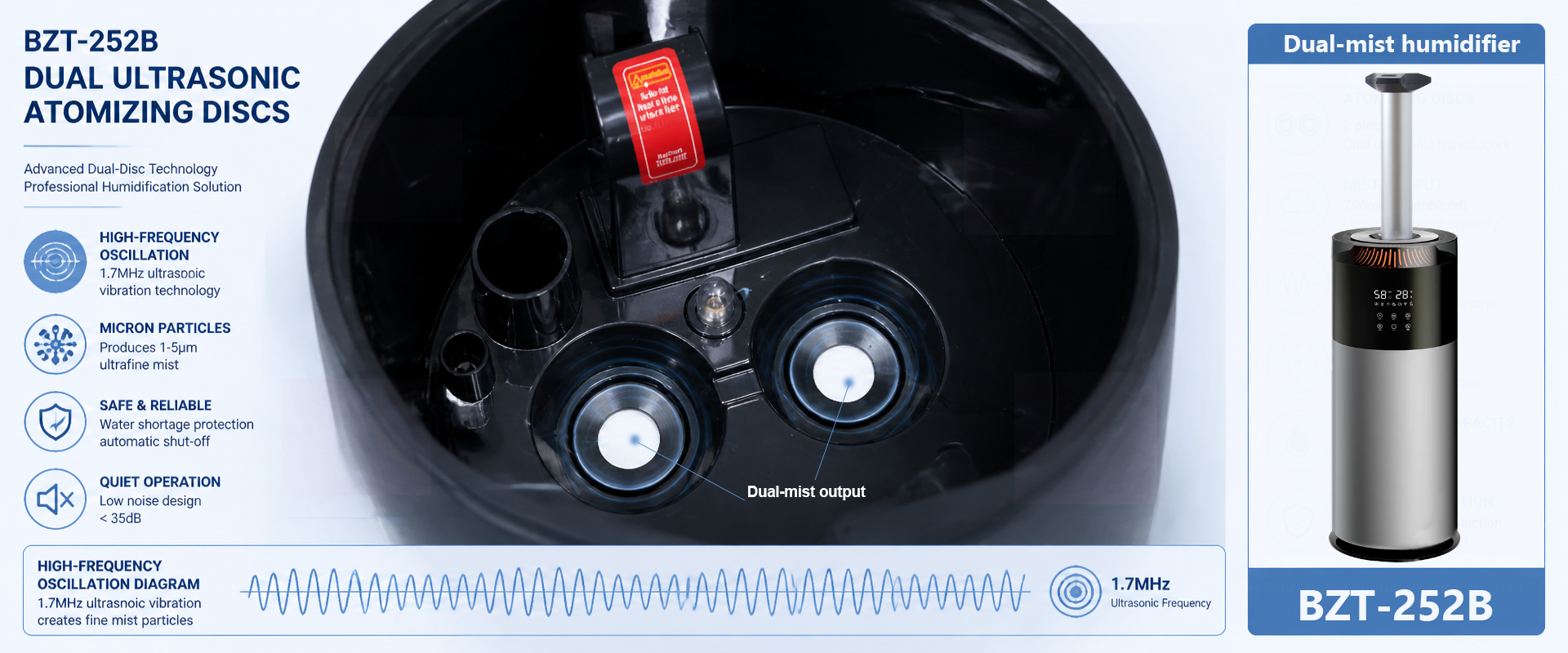 Dual-mist output BZT-252B cool mist air humidifiers